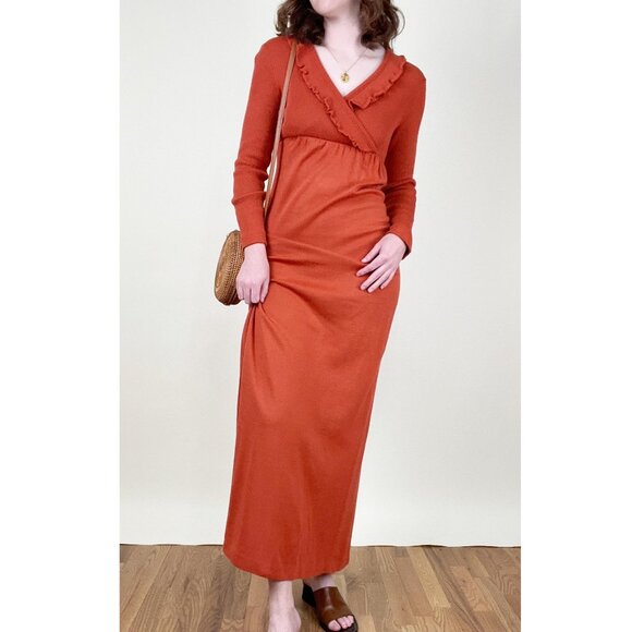 Vintage 1970s Knit Sweater Maxi Dress Ruffle Long Sleeve Boho Bohemian 70s 70's - Picture 5 of 10